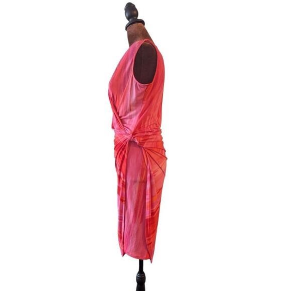 Natori Red Pink Watercolor Ruched Sheath Dress V-Neck Sleeveless Cocktail Small - Picture 10 of 10